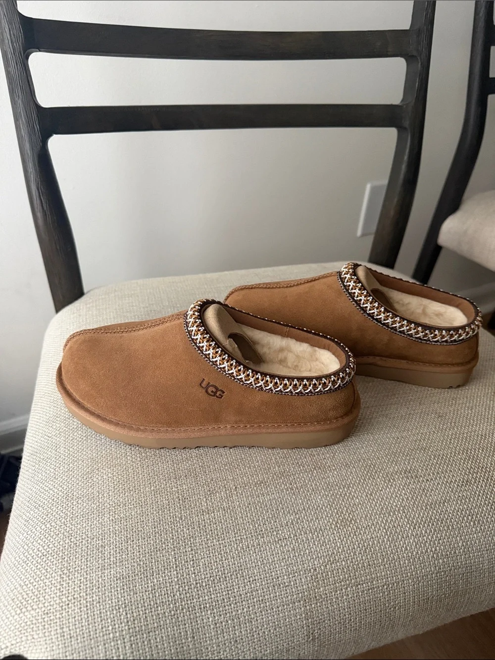 UGG Kids Chestnut Suede Slip-On Clogs with Shearling Trim